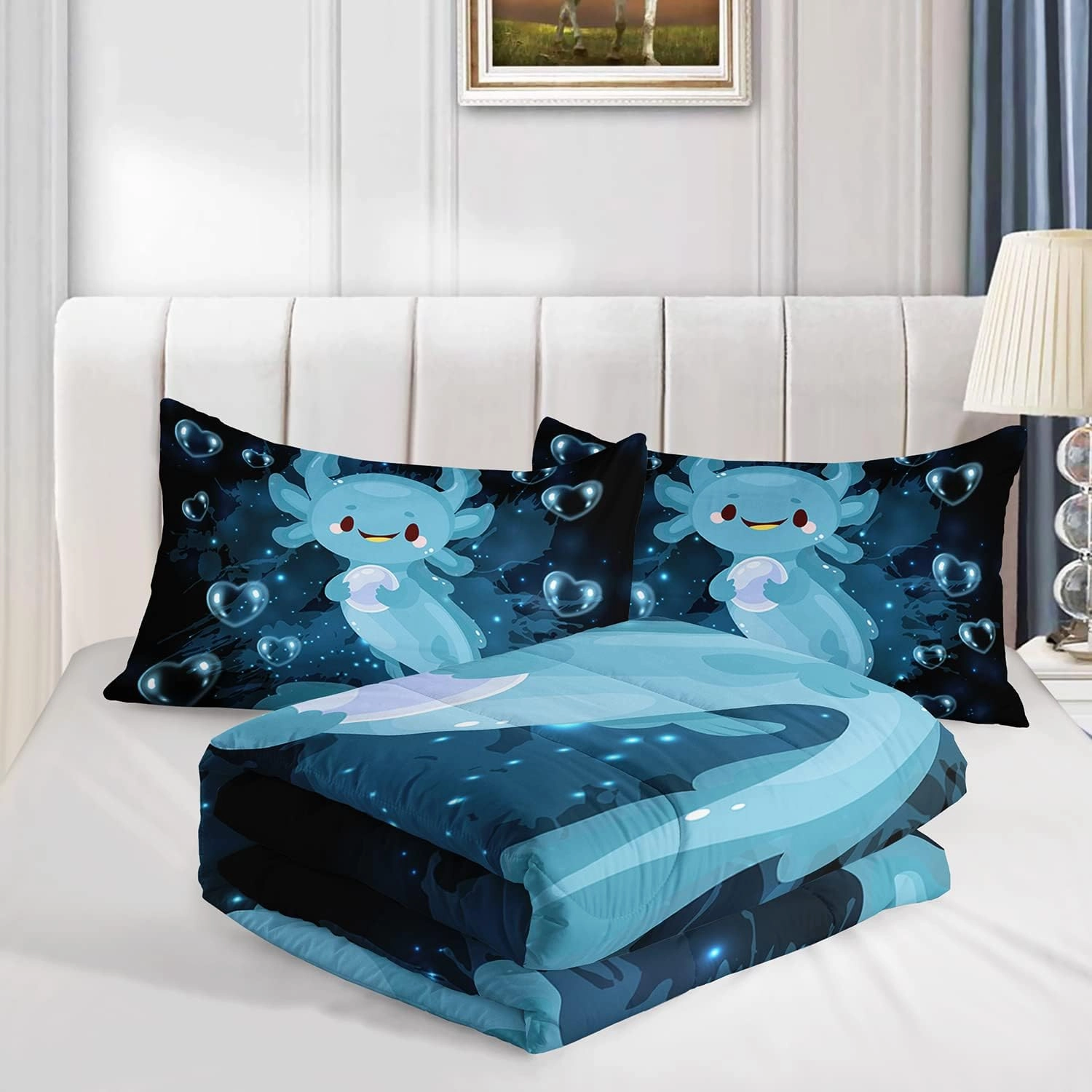 HOSIMA Axolotl Comforter Set Blue Axolotl Pattern Kawaii Bed Set for Kids Bedroom Decor,Twin Bed Set for Girls with 2 Pillowcases.