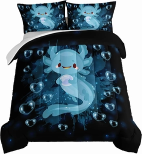 HOSIMA Axolotl Comforter Set Blue Axolotl Pattern Kawaii Bed Set for Kids Bedroom Decor,Twin Bed Set for Girls with 2 Pillowcases.