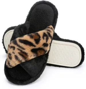 House Slippers for Women Leopard Fuzzy Women's Slippers Indoor Outdoor Cross Band with Memory Foam Fluffy Warm Gifts for Women Open Toe Size 5 6 Black