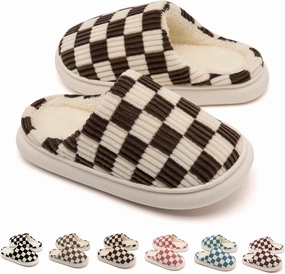 House Slippers for Woman Men, Womens Slippers on Fuzzy House Shoes Memory Foam Checkered Scuff Outdoor Indoor Warm Plush Bedroom Shoes with Faux Fur Lining Size