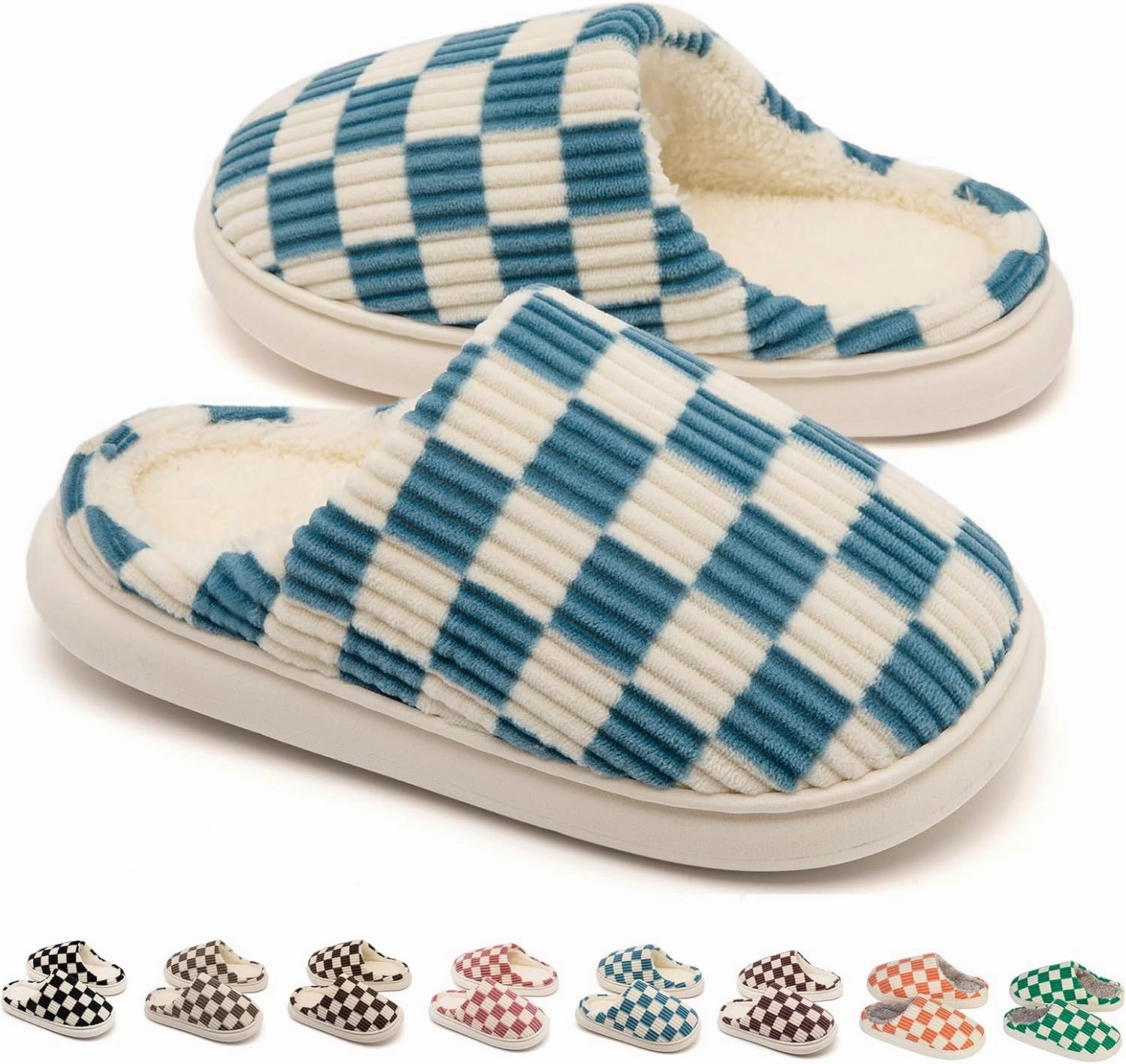 House Slippers for Woman Men, Womens Slippers on Fuzzy House Shoes Memory Foam Checkered Scuff Outdoor Indoor Warm Plush Bedroom Shoes with Faux Fur Lining Size