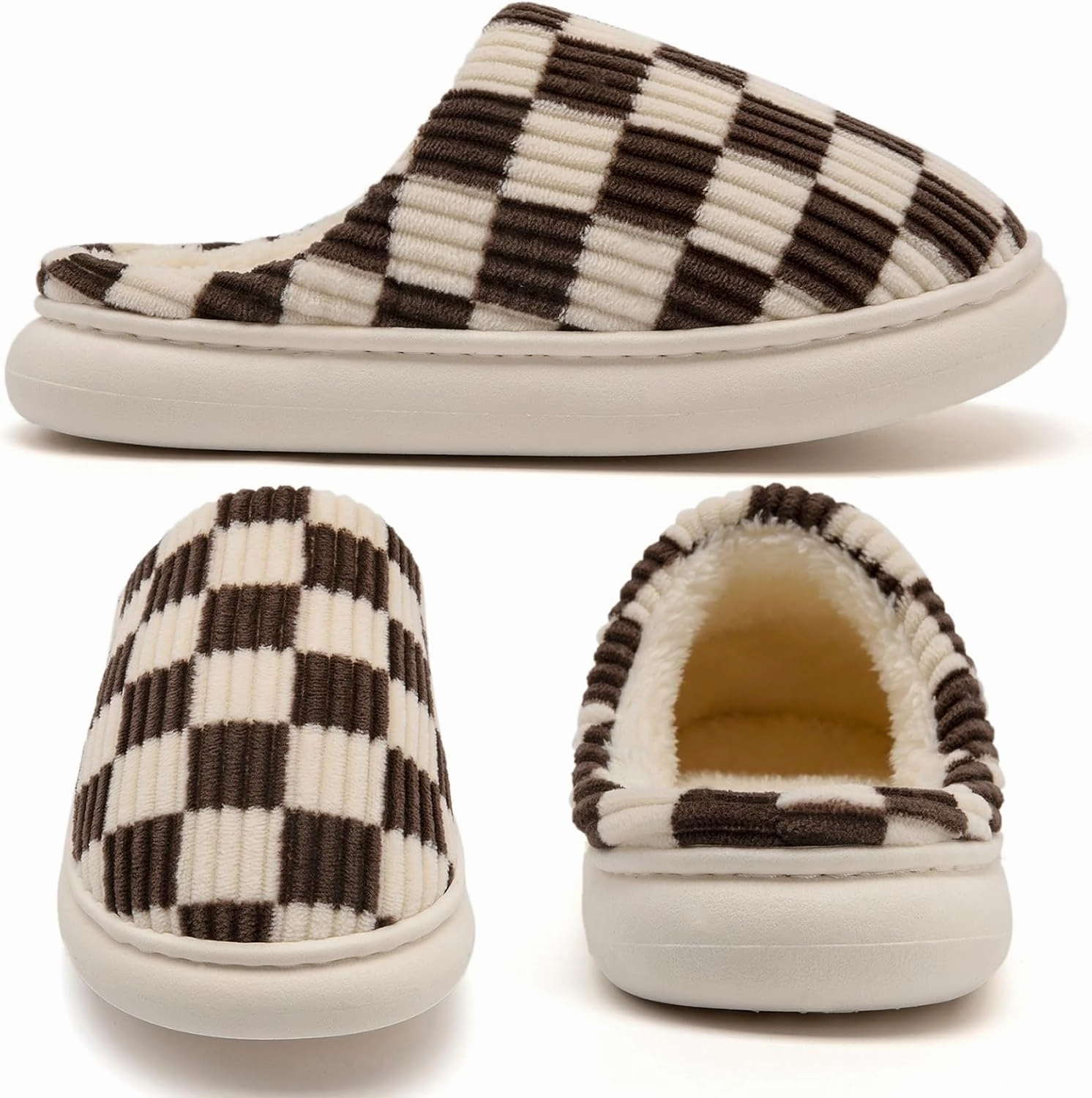 House Slippers for Woman Men, Womens Slippers on Fuzzy House Shoes Memory Foam Checkered Scuff Outdoor Indoor Warm Plush Bedroom Shoes with Faux Fur Lining Size