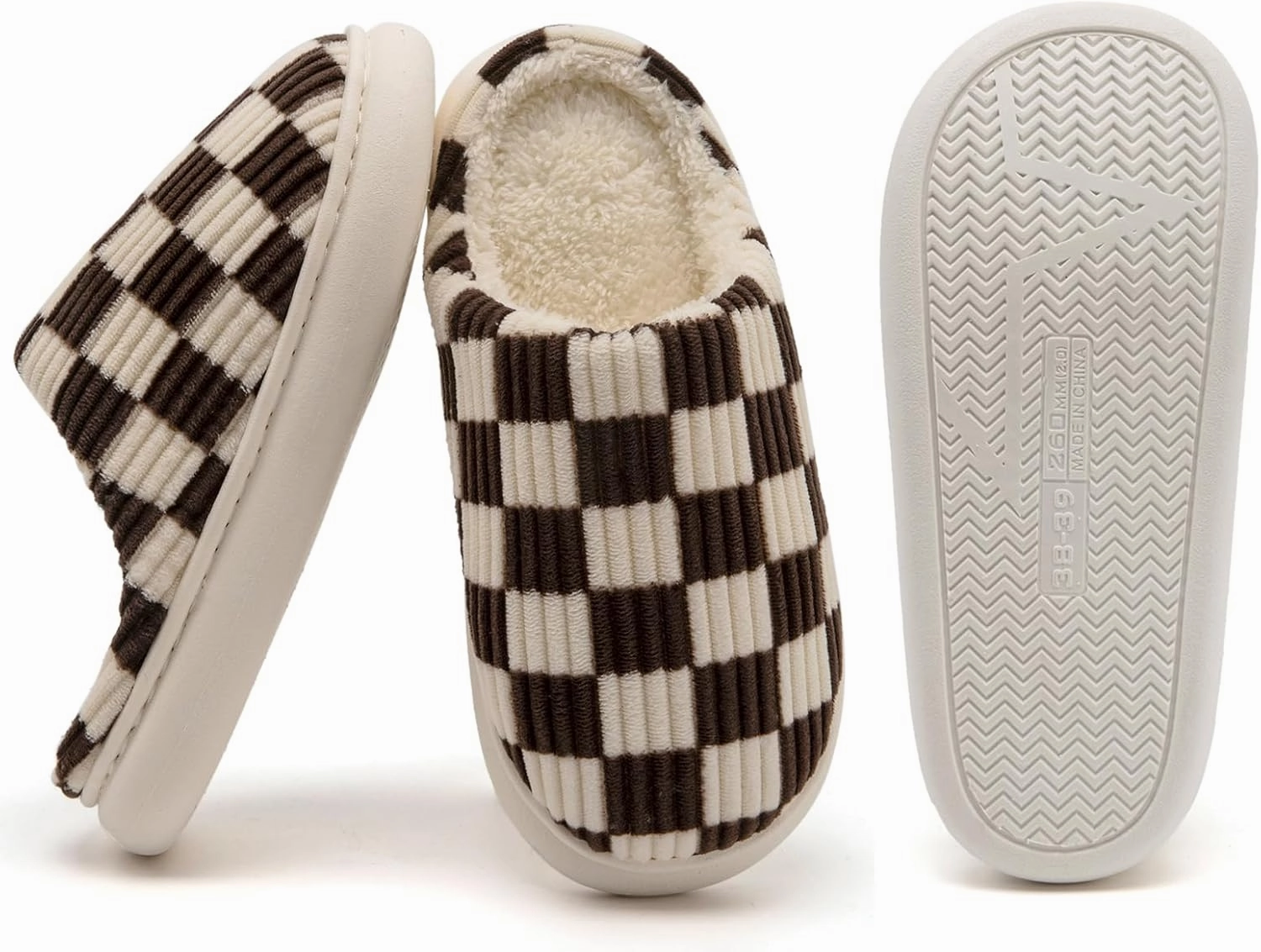 House Slippers for Woman Men, Womens Slippers on Fuzzy House Shoes Memory Foam Checkered Scuff Outdoor Indoor Warm Plush Bedroom Shoes with Faux Fur Lining Size