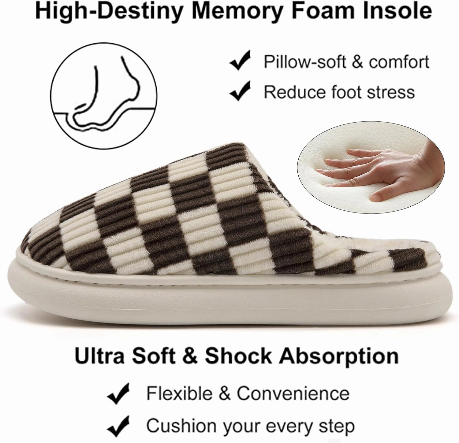 House Slippers for Woman Men, Womens Slippers on Fuzzy House Shoes Memory Foam Checkered Scuff Outdoor Indoor Warm Plush Bedroom Shoes with Faux Fur Lining Size