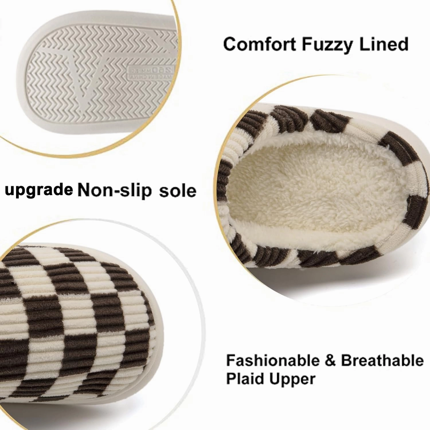 House Slippers for Woman Men, Womens Slippers on Fuzzy House Shoes Memory Foam Checkered Scuff Outdoor Indoor Warm Plush Bedroom Shoes with Faux Fur Lining Size