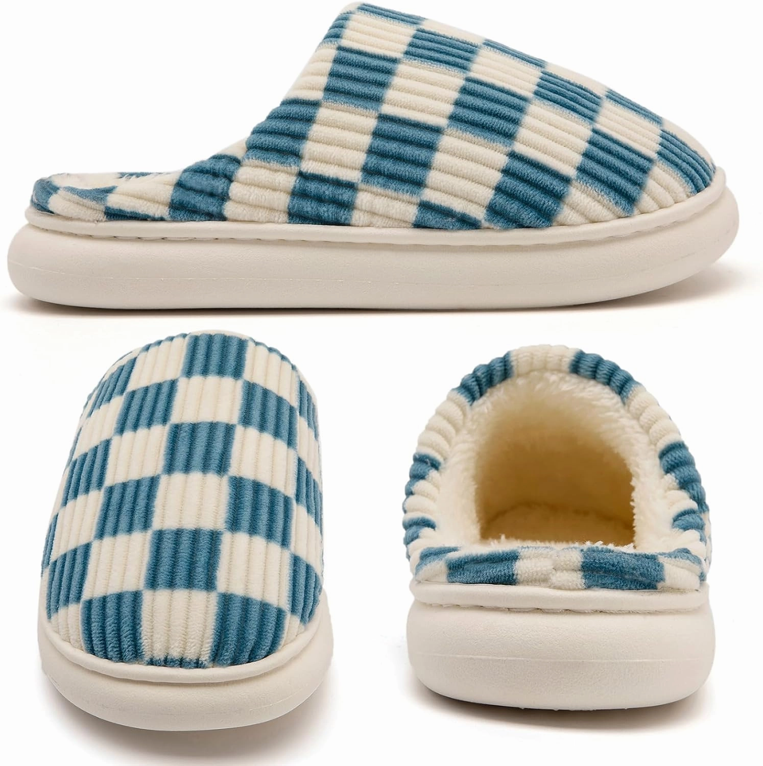 House Slippers for Woman Men, Womens Slippers on Fuzzy House Shoes Memory Foam Checkered Scuff Outdoor Indoor Warm Plush Bedroom Shoes with Faux Fur Lining Size
