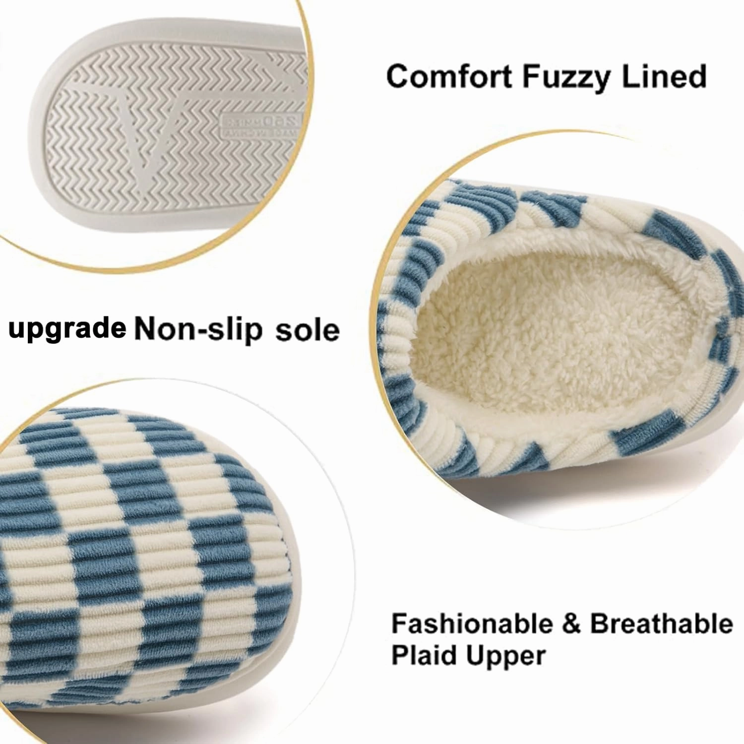 House Slippers for Woman Men, Womens Slippers on Fuzzy House Shoes Memory Foam Checkered Scuff Outdoor Indoor Warm Plush Bedroom Shoes with Faux Fur Lining Size