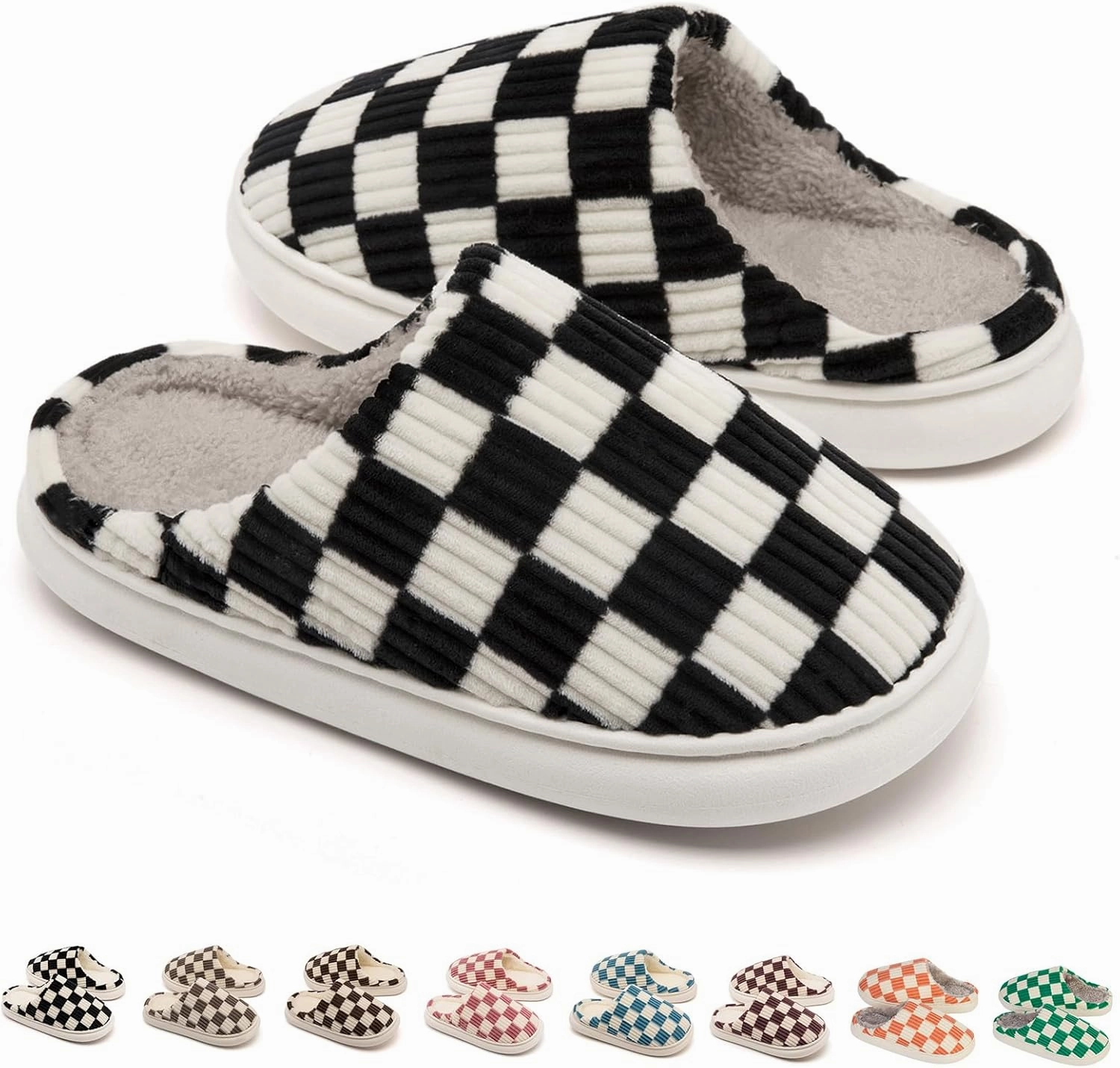 House Slippers for Woman Men, Womens Slippers on Fuzzy House Shoes Memory Foam Checkered Scuff Outdoor Indoor Warm Plush Bedroom Shoes with Faux Fur Lining Size