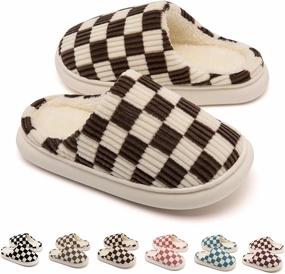 House Slippers for Woman Men, Womens Slippers on Fuzzy House Shoes Memory Foam Checkered Scuff Outdoor Indoor Warm Plush Bedroom Shoes with Faux Fur Lining Size