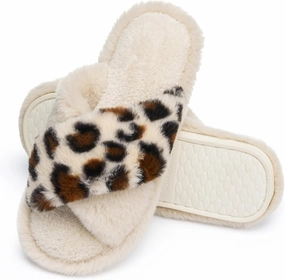 House Slippers for Women Leopard Fuzzy Women's Slippers Indoor Outdoor Cross Band with Memory Foam Fluffy Warm Gifts for Women Open Toe Size 11 12 Beige