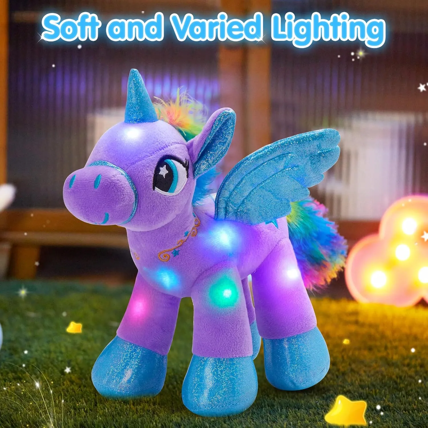 Houwsbaby 14'' Purple LED Light Up Unicorn Stuffed Animal,Unicorn Plush Toy,Glowing Horse Plush Toy Night Light Glitter Present for Kids Boys Girls Present for Easter Birthday Festival Christmas