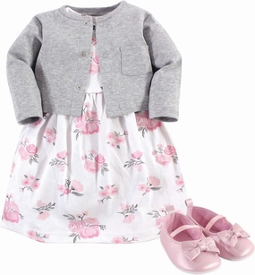 Hudson Baby baby-girls Cotton Dress, Cardigan and Shoe Set