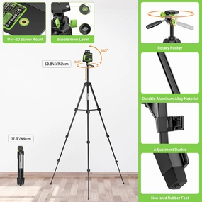 Huepar 360° Laser Level with 60in Tripod, 82Ft - 165Ft Self Leveling Laser Level with Pulse Mode, 3 Brightness Levels Rechargeable Li-ion Battery Green Line Laser Leveler Tool for DIY Project
