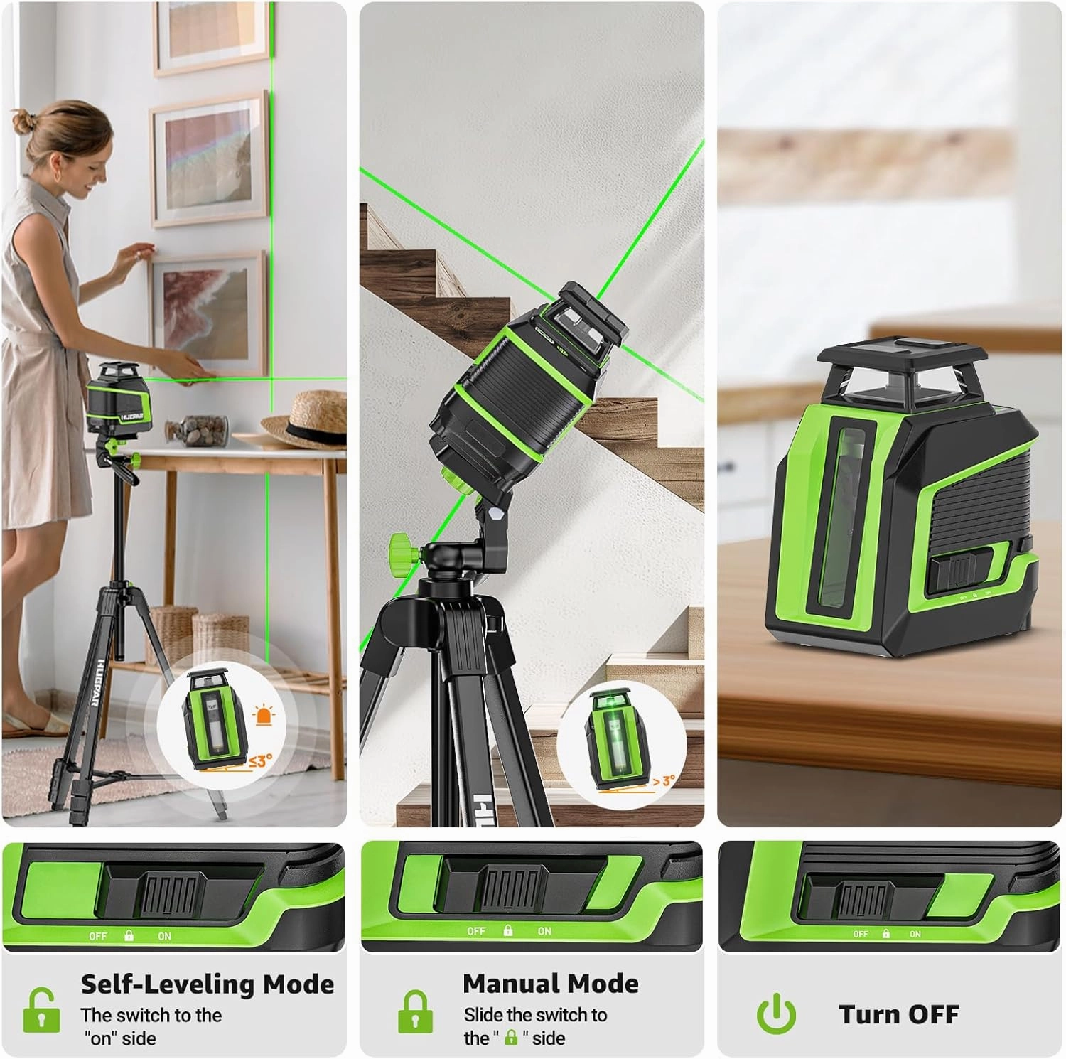 Huepar 360° Laser Level with 60in Tripod, 82Ft - 165Ft Self Leveling Laser Level with Pulse Mode, 3 Brightness Levels Rechargeable Li-ion Battery Green Line Laser Leveler Tool for DIY Project