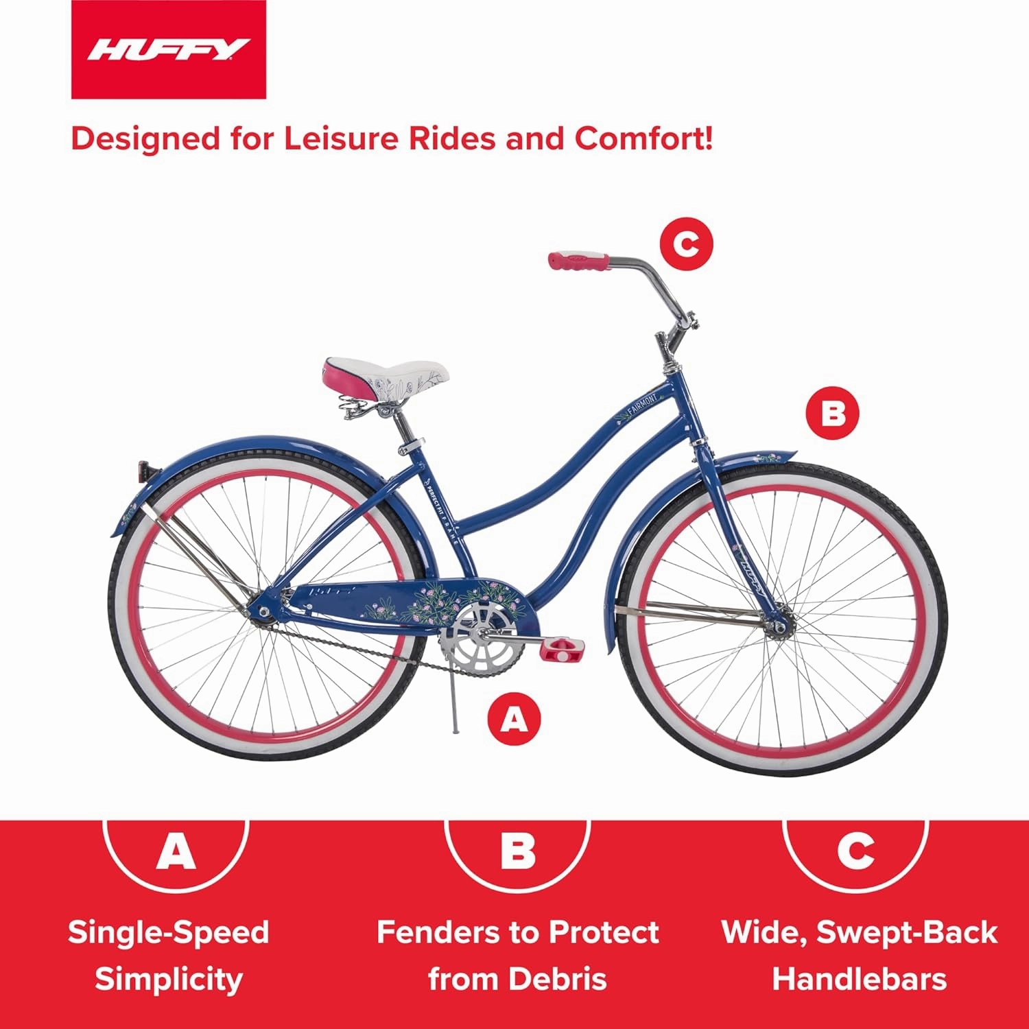 Huffy Cruiser Bike, Fairmont or Woodhaven Model, 20/24/26 Inch Sizes, Perfect for Casual Rides, Ergonomic Upright Design, Fenders Prevent Spray, Rear Rack and Basket Available, Simple Coaster Brakes