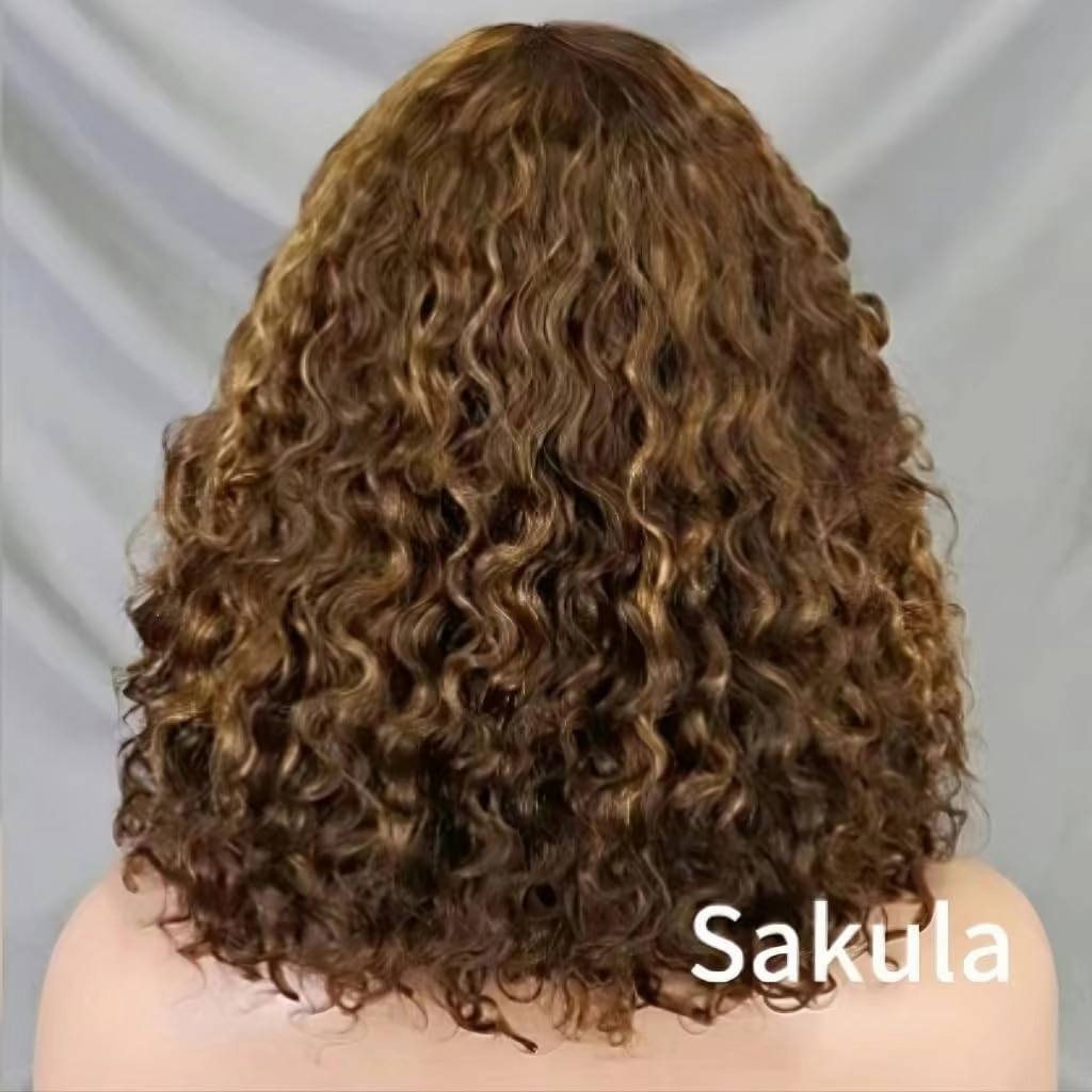 human hair Wig with Bangs for black woman Glueless Wig Ombre Short Curly Bob Wigs 180% Density brazilian hair wigs Piano Brown Blonde Wigs Water Wave Wigs 12Inch