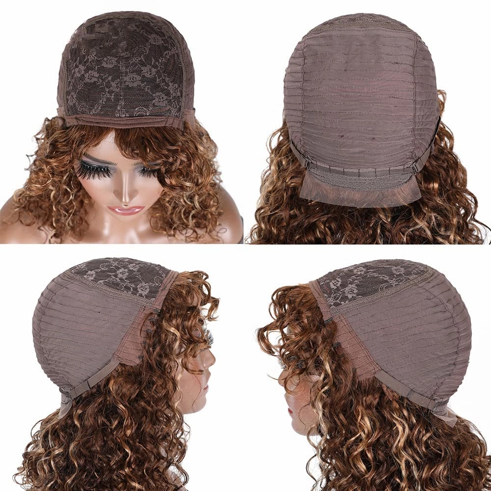 human hair Wig with Bangs for black woman Glueless Wig Ombre Short Curly Bob Wigs 180% Density brazilian hair wigs Piano Brown Blonde Wigs Water Wave Wigs 12Inch