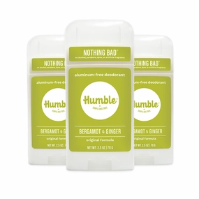 HUMBLE BRANDS Original Formula Aluminum-free Deodorant. Long Lasting Odor Control with Baking Soda and Essential Oils, Bergamot and Ginger, Pack of 3