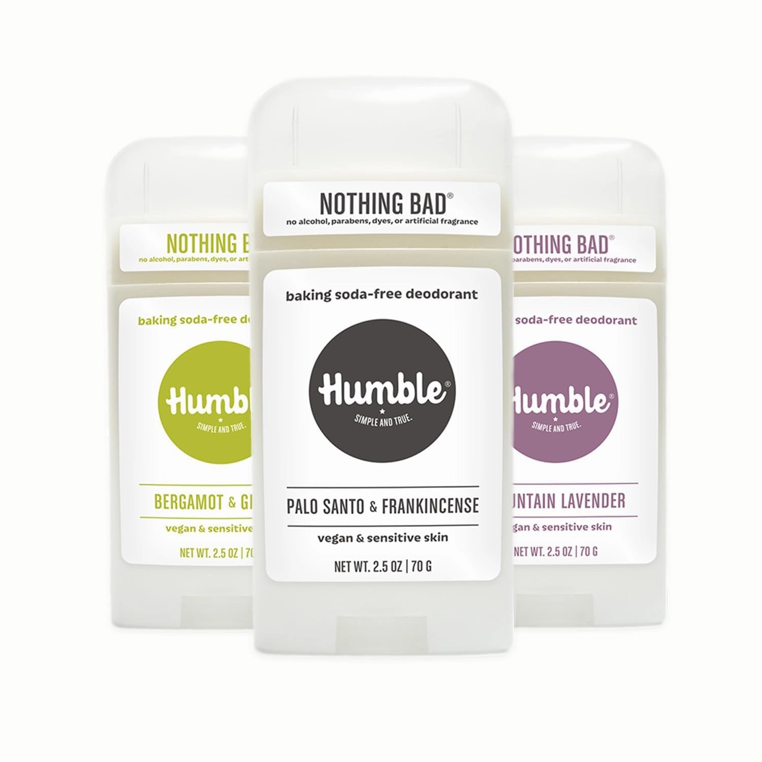 HUMBLE BRANDS Vegan Deodorant Sensitive Skin Trio with Palo Santo & Frankincense, Mountain Lavender, and Bergamot & Ginger, 2.5 Ounce (Pack of 3)