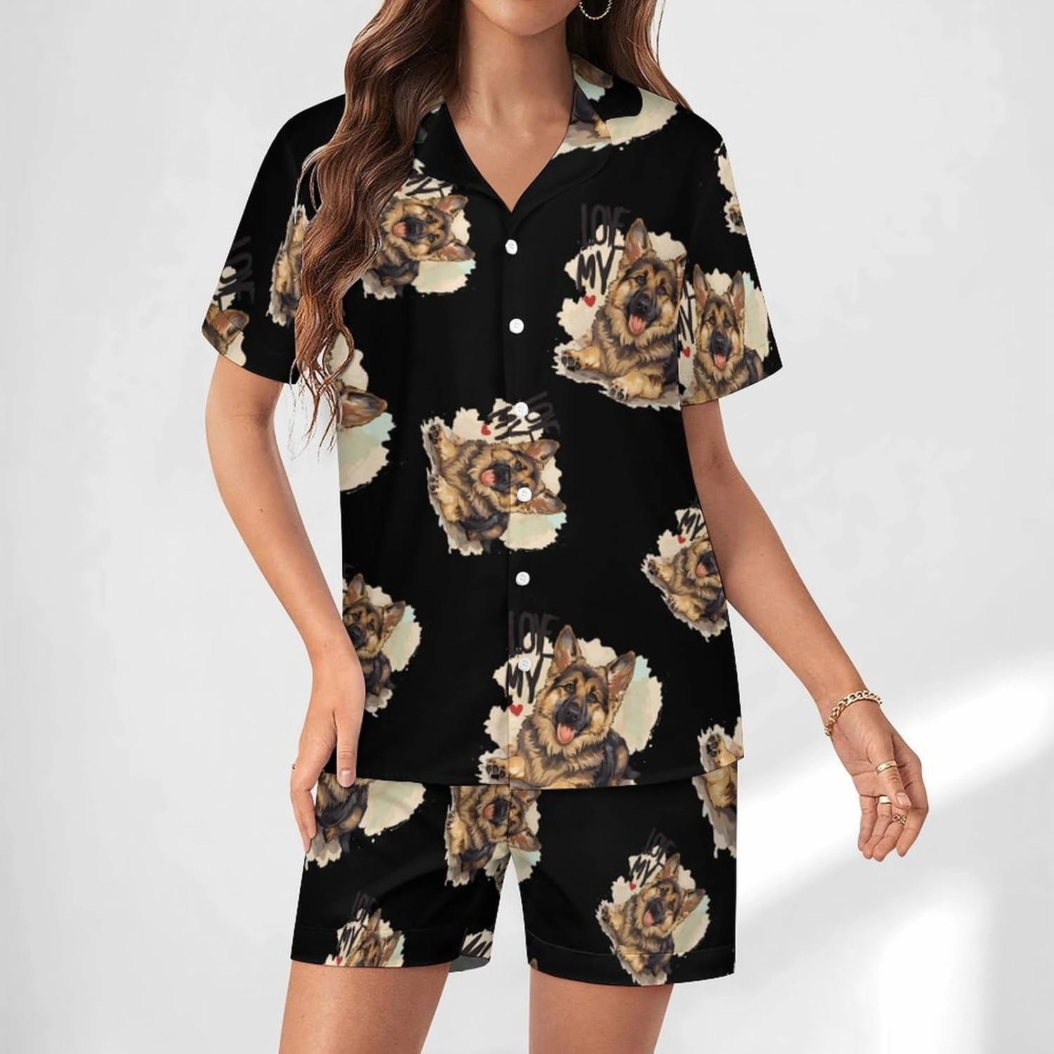 I Love My Border Collie Shepherd Dog Women's Satin Pajama Set Short Sleeve Button Down Sleepwear Loungewear Pj Set