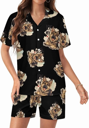 I Love My Border Collie Shepherd Dog Women's Satin Pajama Set Short Sleeve Button Down Sleepwear Loungewear Pj Set
