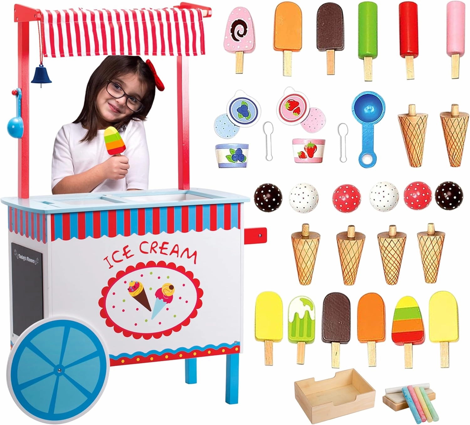Ice Cream Cart Kids Pretend Play Stand- 33  Pc Accessories, Realistic Premium Wooden Toy Activity Set, Money Box Chalkboard & Icecream Truck- Popsicles, Cones, Flavors- Girl Boy Summer Fun Role Play