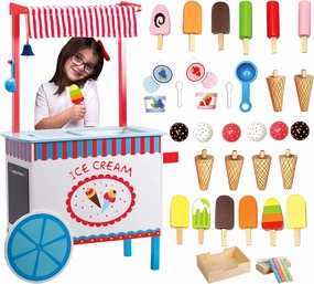 Ice Cream Cart Kids Pretend Play Stand- 33  Pc Accessories, Realistic Premium Wooden Toy Activity Set, Money Box Chalkboard & Icecream Truck- Popsicles, Cones, Flavors- Girl Boy Summer Fun Role Play