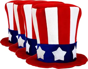 Iconikal 4-Pack July 4th Velour Plush Dress Up Costume American Flag Hat, Uncle Sam Patriotic