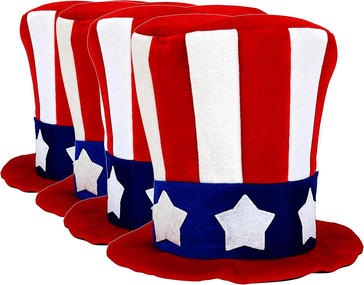 Iconikal 4-Pack July 4th Velour Plush Dress Up Costume American Flag Hat, Uncle Sam Patriotic