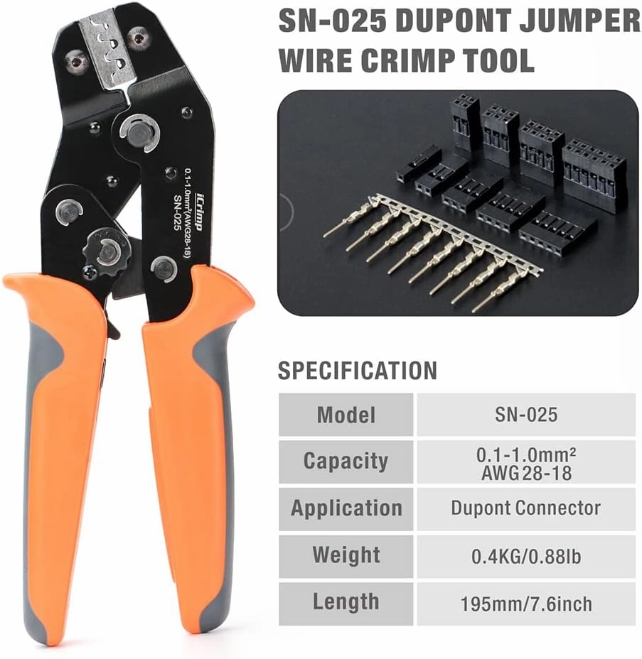 iCrimp SN-025 Dupont Crimper, O Crimp Tool, D-sub, Dupont Connector Wire Crimp Tool AWG 28-18(0.1-1mm²) for Harwin, Amphenol MINI-PV Connectors Molex KK 396 Micro Timer Connectors