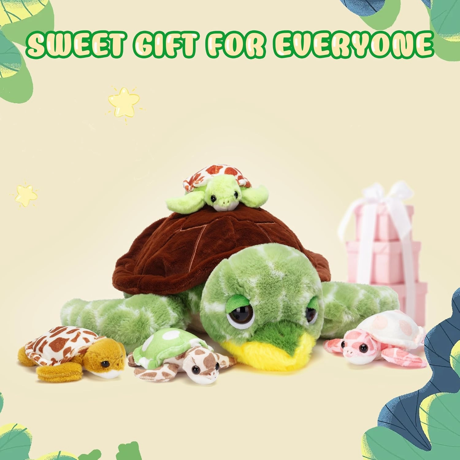 IKASA Mommy Sea Turtle Stuffed Animal,Cute 17" Mom and Baby Plush Toy, Soft Mama Family Set with Little Babies,Gifts for Kid