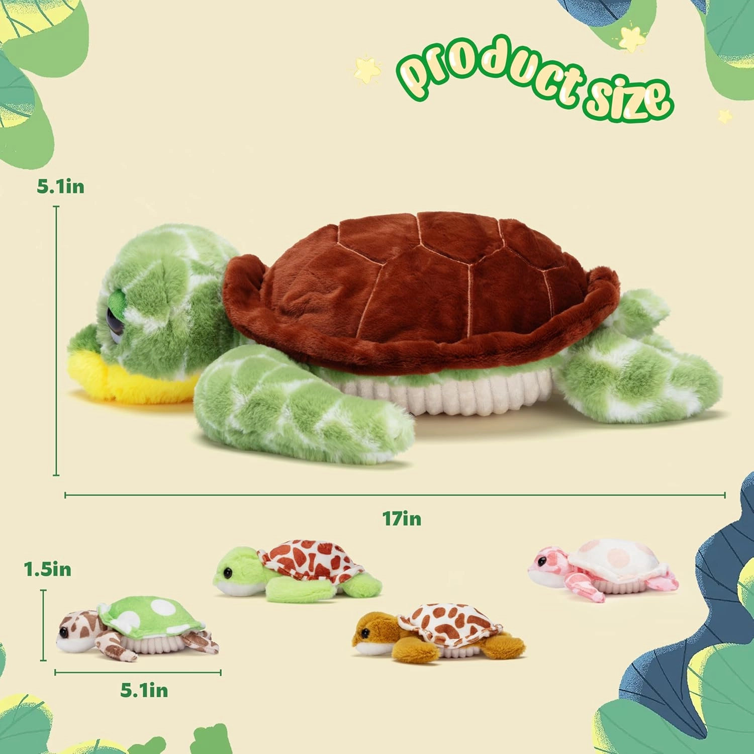 IKASA Mommy Sea Turtle Stuffed Animal,Cute 17" Mom and Baby Plush Toy, Soft Mama Family Set with Little Babies,Gifts for Kid