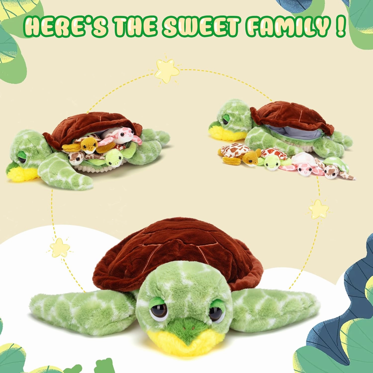 IKASA Mommy Sea Turtle Stuffed Animal,Cute 17" Mom and Baby Plush Toy, Soft Mama Family Set with Little Babies,Gifts for Kid