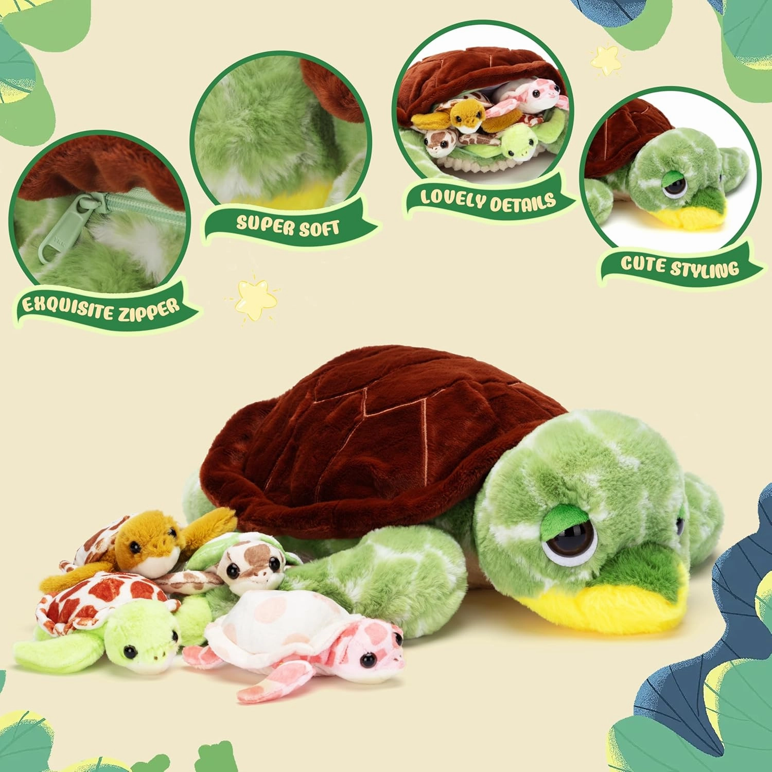 IKASA Mommy Sea Turtle Stuffed Animal,Cute 17" Mom and Baby Plush Toy, Soft Mama Family Set with Little Babies,Gifts for Kid