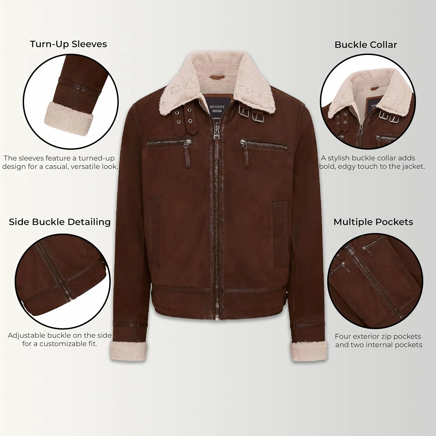 Infinity Leather Mens Genuine Sheep Suede Bomber Aviator Jacket with Fur Lining