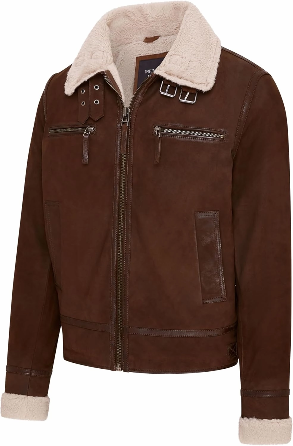 Infinity Leather Mens Genuine Sheep Suede Bomber Aviator Jacket with Fur Lining