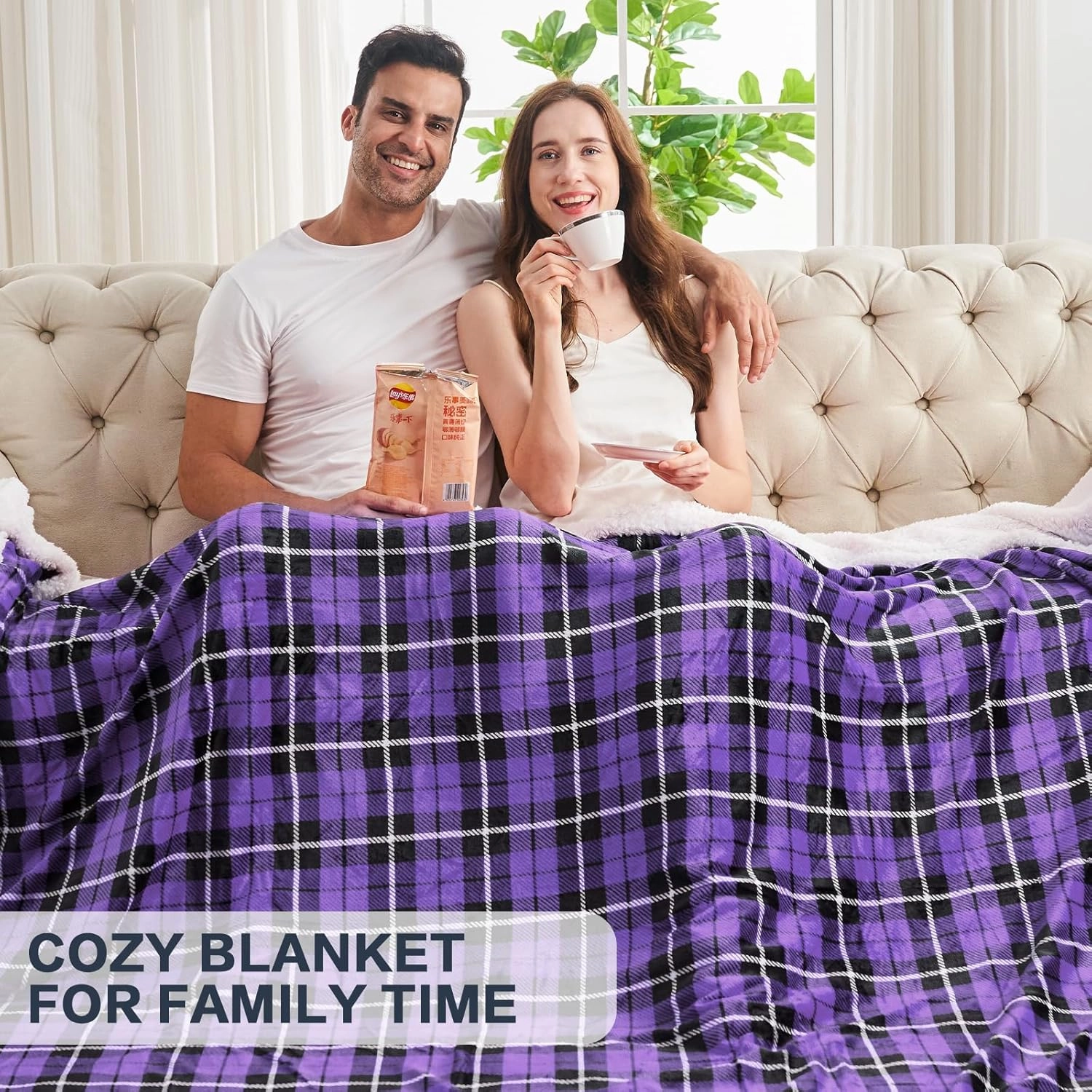 inhand Women's Purple Sherpa Throw Blanket Plush Cozy Soft Flannel Plaid Blankets for Office Warmth Couch, Bed, Sofa King Size Reversible Fluffy Fleece Throws for Adults, Men,Kids (Purple, 90”x 104”)