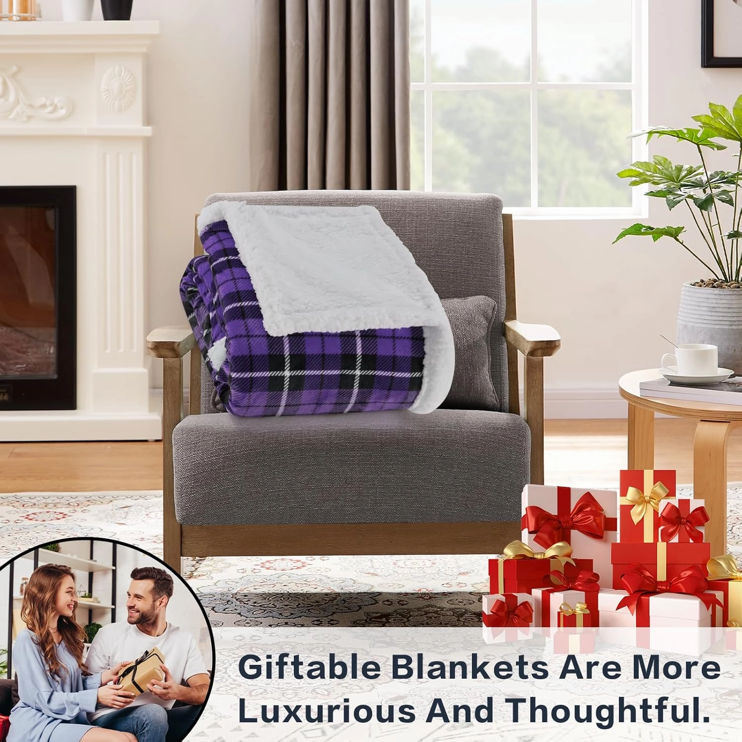 inhand Women's Purple Sherpa Throw Blanket Plush Cozy Soft Flannel Plaid Blankets for Office Warmth Couch, Bed, Sofa King Size Reversible Fluffy Fleece Throws for Adults, Men,Kids (Purple, 90”x 104”)