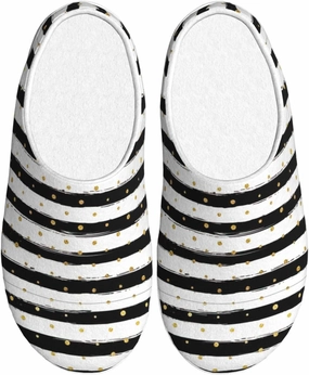Ink And Gold Dot Stripes Slippers With Fluffy Soft Warm For Men, Flannel Slippers Cozy Plush Indoor Outdoor, Size 10-11