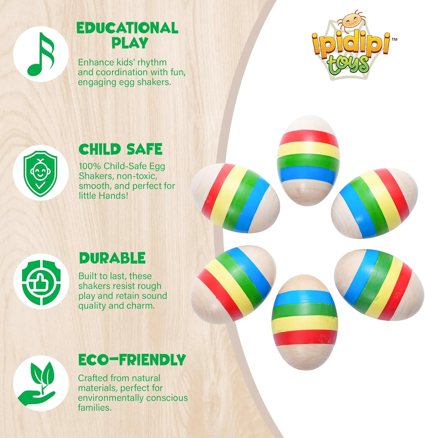 IPIDIPI TOYS Egg Shakers Maracas for Kids – Colorful Wooden Musical Percussion Instruments for Toddlers and Babies - Fun Party Favors, Classroom Activities & Educational Play–6 Pack