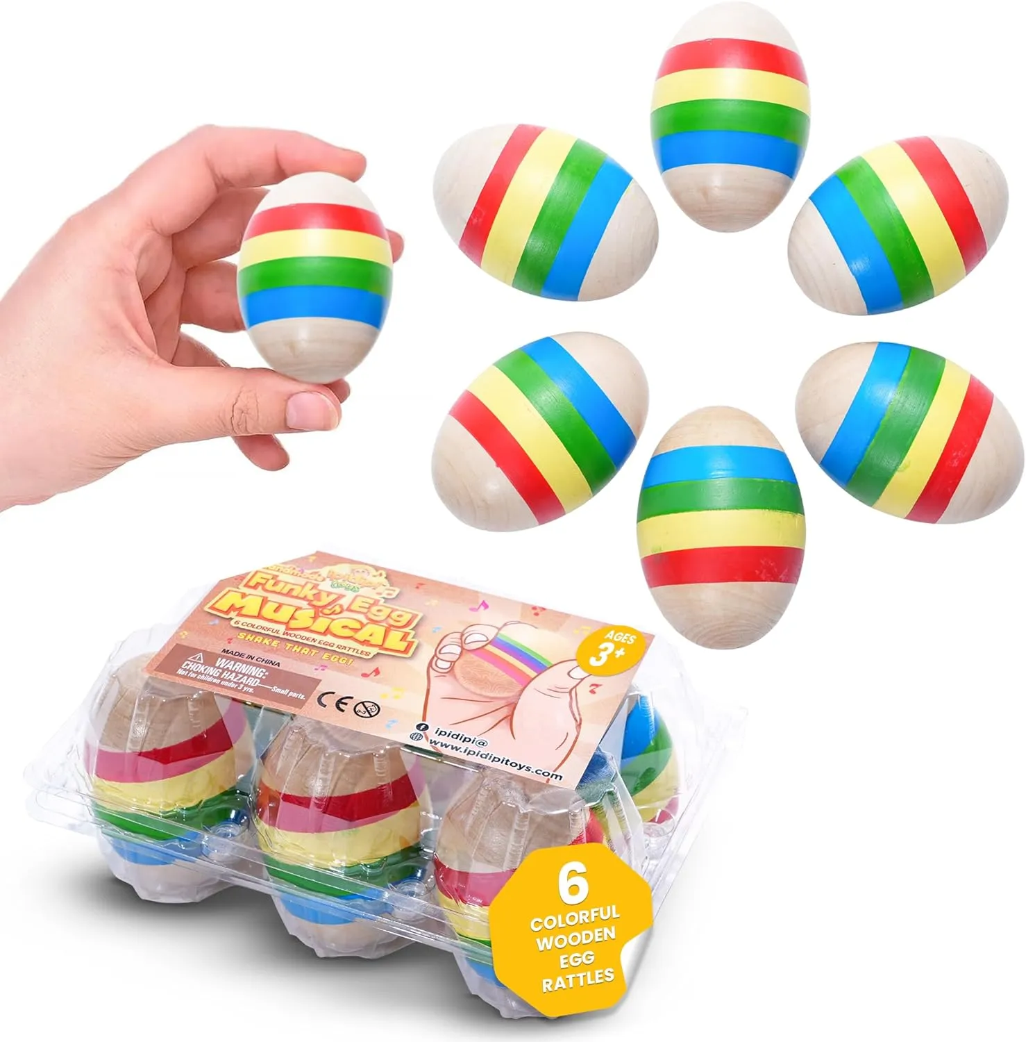 IPIDIPI TOYS Egg Shakers Maracas for Kids – Colorful Wooden Musical Percussion Instruments for Toddlers and Babies - Fun Party Favors, Classroom Activities & Educational Play–6 Pack
