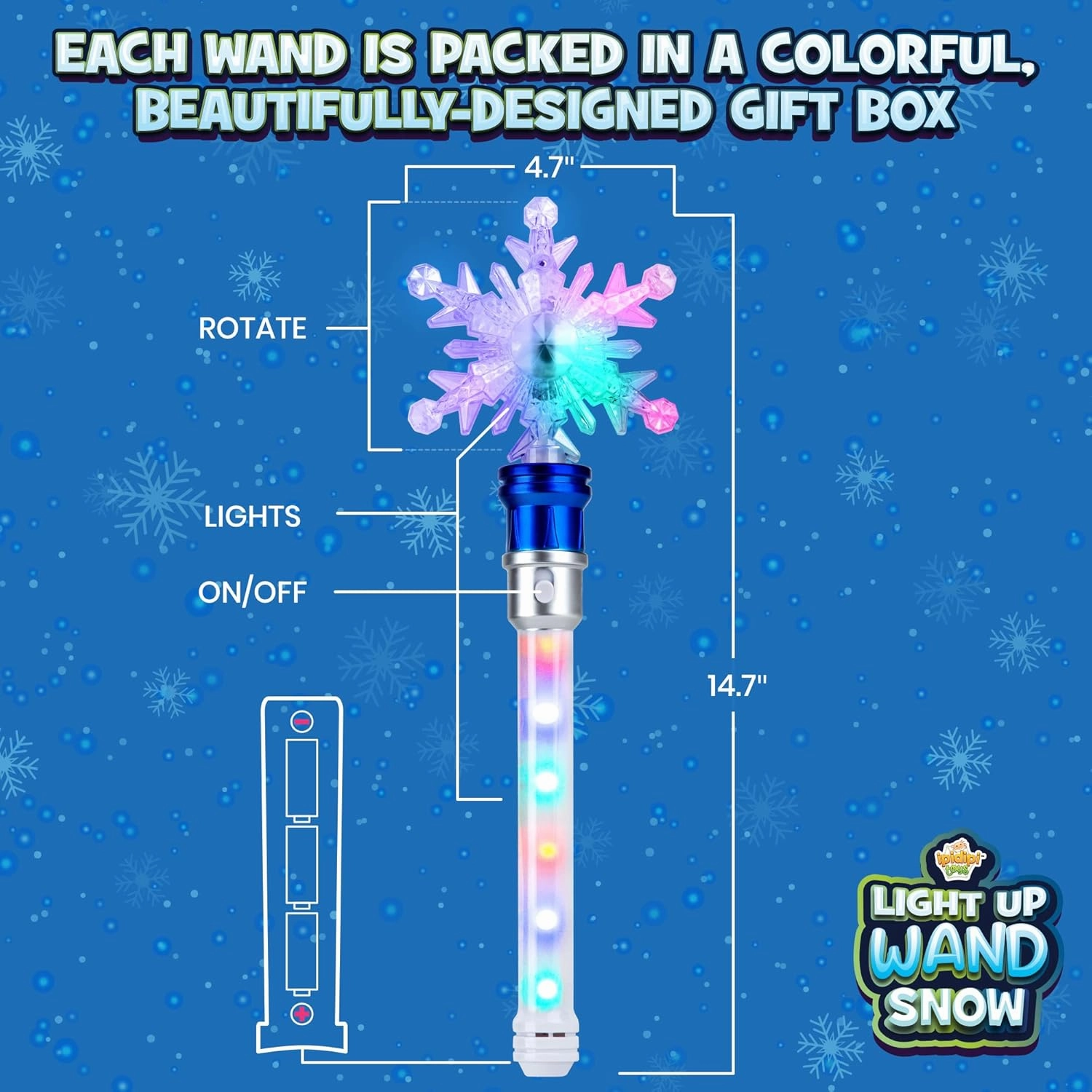 IPIDIPI TOYS Snowflake Wand - Spinning Light Up Magic Wand for Kids, Princess Fairy, Holiday Party Favors and Gifts for Girls and Toddlers, Stocking Stuffers, Pretend Play Toys - Pack of 2