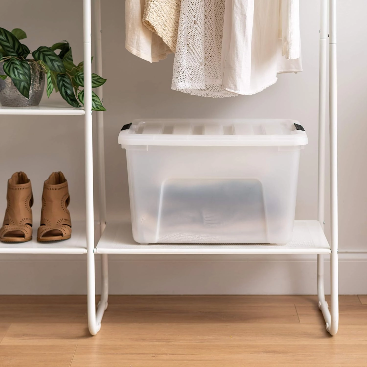 IRIS USA 40 Qt Stackable Plastic Storage Bins with Lids, 4 Pack - BPA-Free, Made in USA - Discreet Organizing Solution, Latches, Durable Nestable Containers, Secure Pull Handle - Pearl