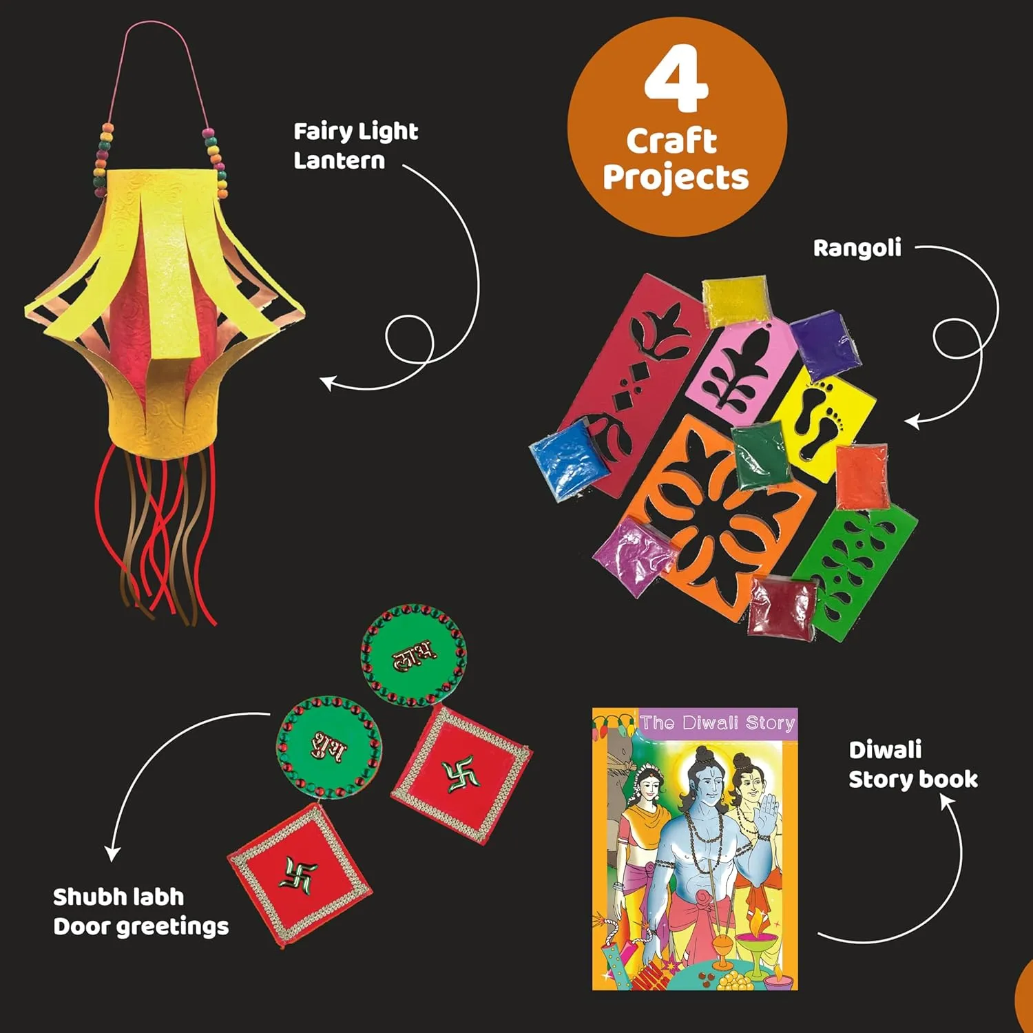 jackinthebox Diwali Decoration Craft Kit for Kids & Adults, Great Diwali Gift for Girls Boys 5 Years and up, 4 Activities - Rangoli, Shubh Labh Door Greetings, Diwali Lantern & Diwali Story Book