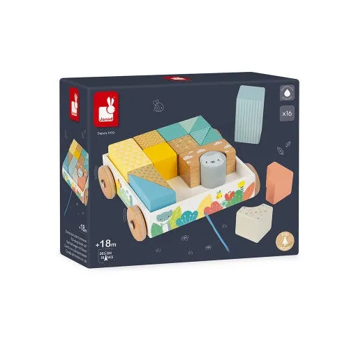 Janod Pure Wooden Pull-Along Blocks Cart