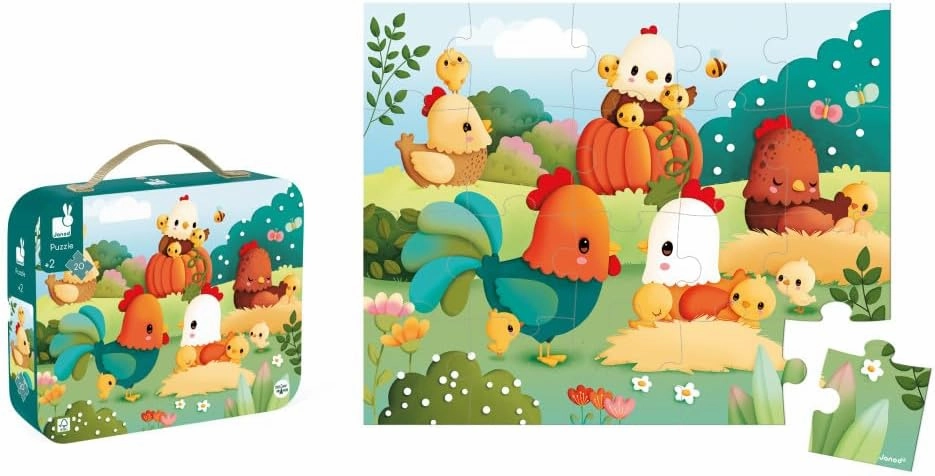 Janod 20 Pieces Children’s Jigsaw Puzzle - Welcome to The Farm - Giftable Carrying Case with Fabric Handle - Ages 2-4 Years - J03328