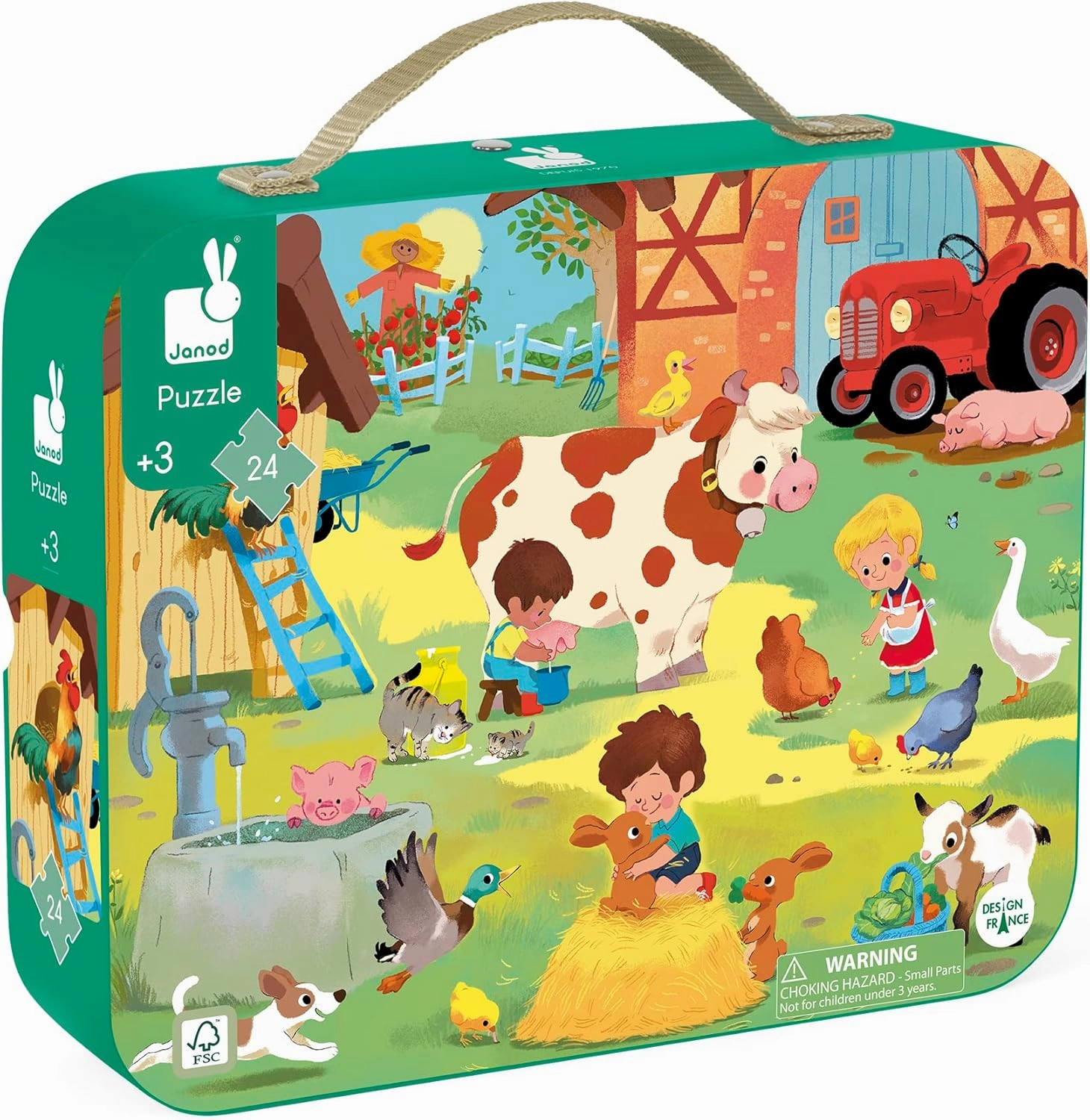 Janod 24 Piece Children’s Jigsaw Puzzle - A Day at The Farm - Giftable Carrying Case with Fabric Handle - Barnyard Fun - Ages 3-6 Years - J02535