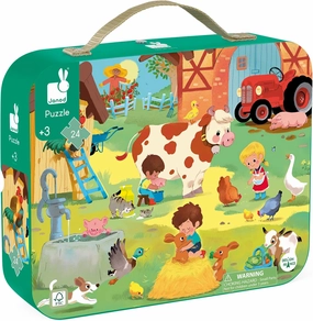 Janod 24 Piece Children’s Jigsaw Puzzle - A Day at The Farm - Giftable Carrying Case with Fabric Handle - Barnyard Fun - Ages 3-6 Years - J02535