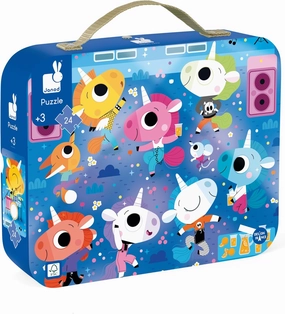 Janod 24 Pieces Children’s Jigsaw Puzzle - Unicorn Rock Concert - Giftable Carrying Case with Fabric Handle - Ages 3-5 Years - J02556