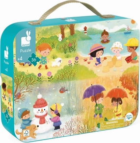 Janod 36 Piece Children’s Jigsaw Puzzle - Four Seasons - Giftable Carrying Case with Fabric Handle - Spring Summer Winter Fall - Ages 4-8 Years - J02538